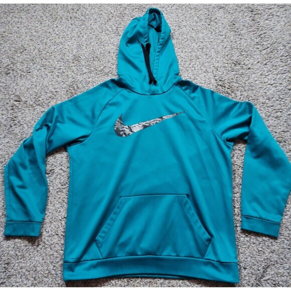 Nike Teal Green Camo Swoosh Logo Men's Large Pullover Hoodie Sweatshirt - Picture 1 of 8